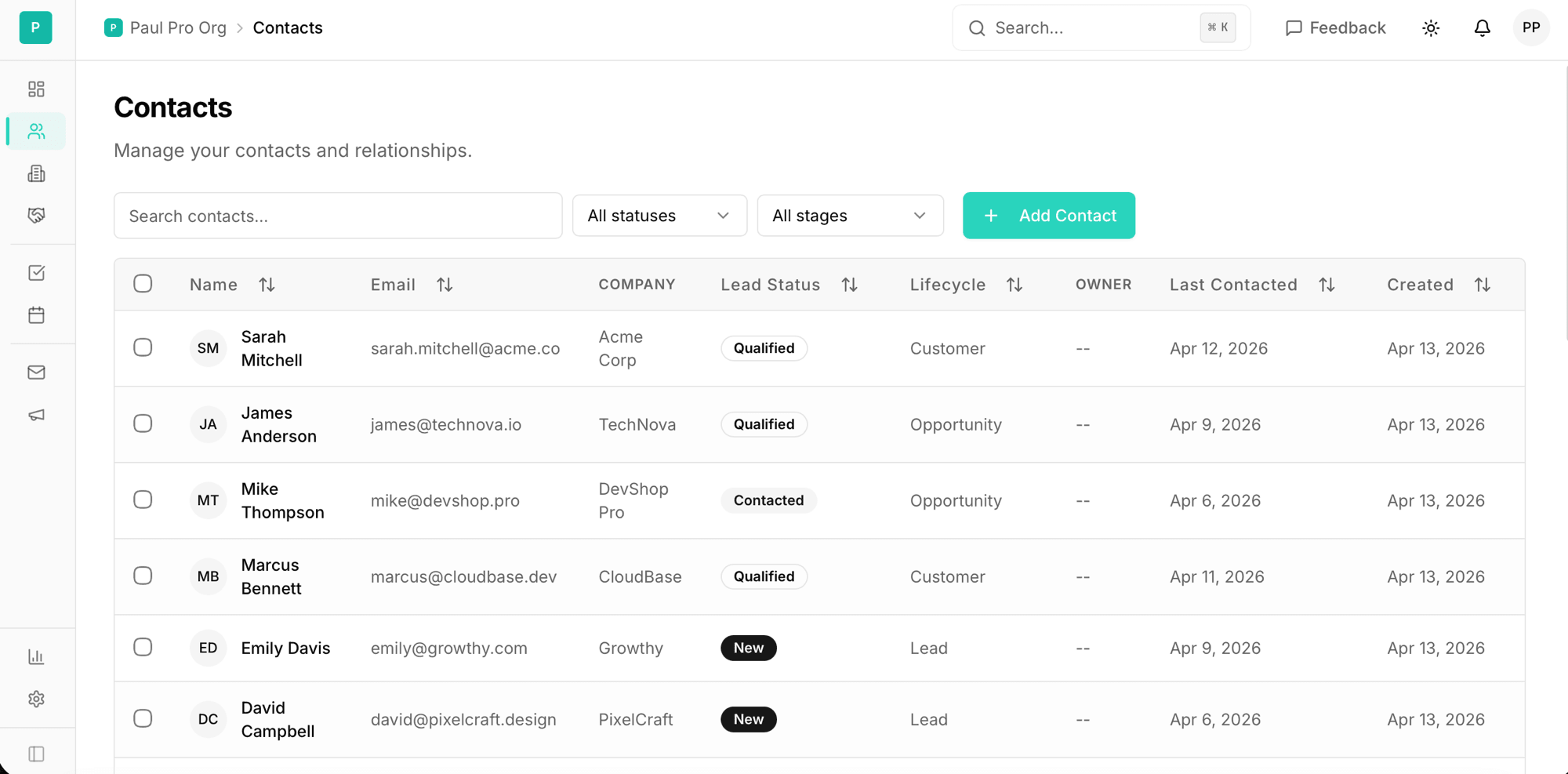 Contacts list with lead status, lifecycle, and company data