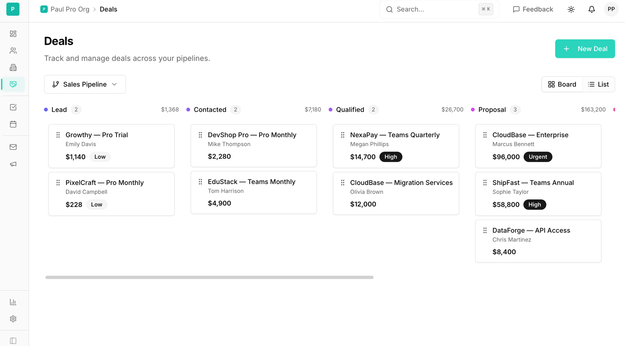 Kanban pipeline board with deals across stages