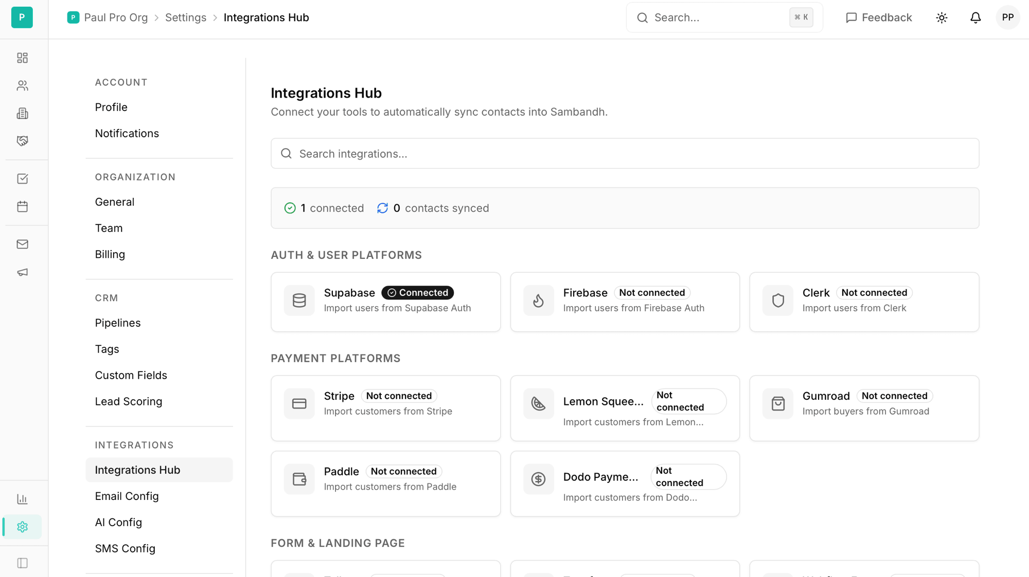 Integrations hub with 20+ connected tools