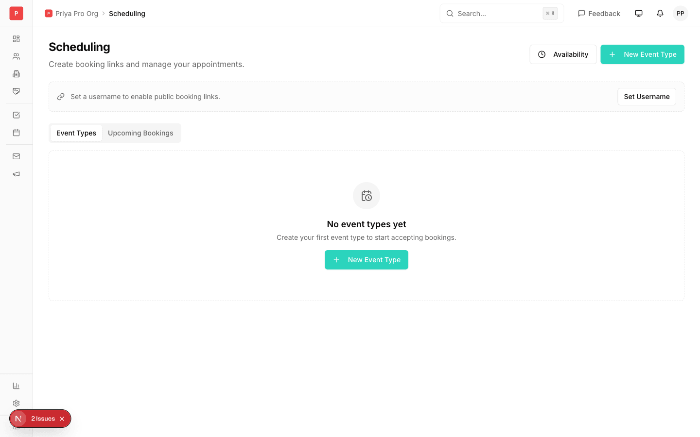 Scheduling settings with booking links, availability windows, and round-robin assignment