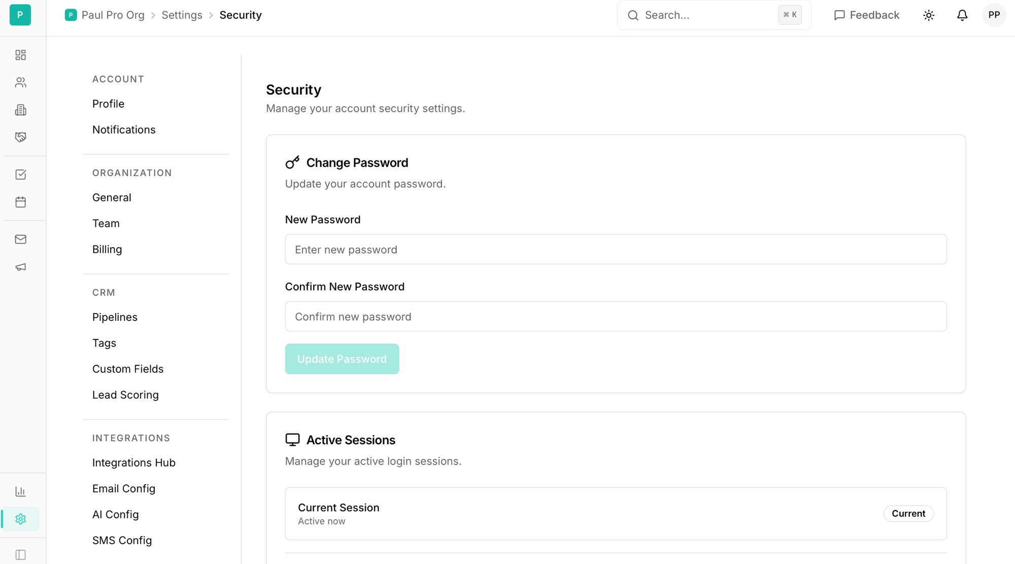 Security settings with password, sessions, and data protection