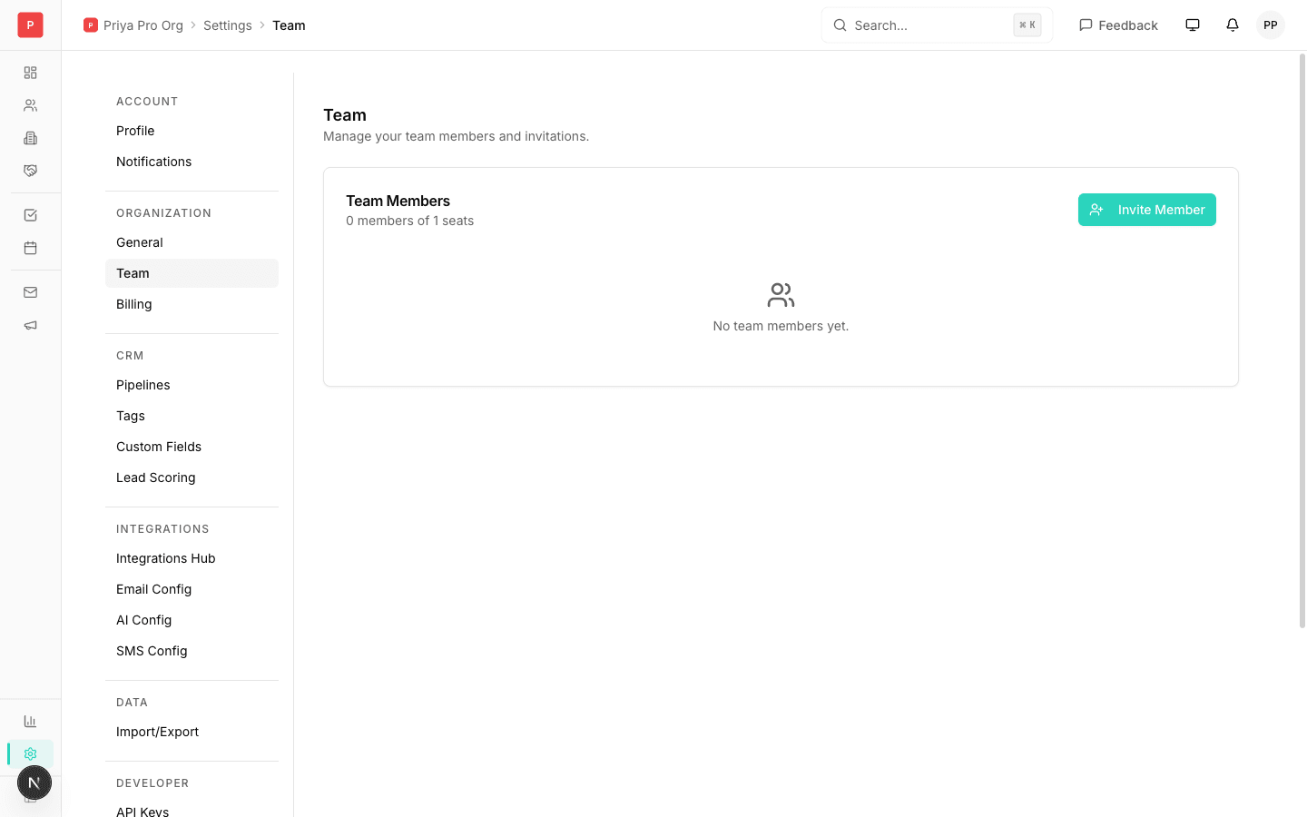 Team management page with invited members, role badges, and activity feed